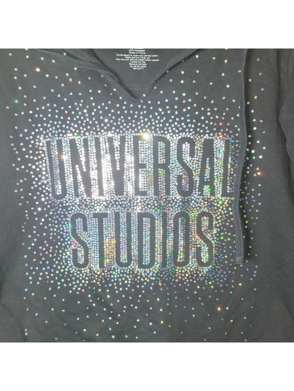 Universal Studios Women's Black Sequin Hooded Sweatshirt Pullover Top Size S
